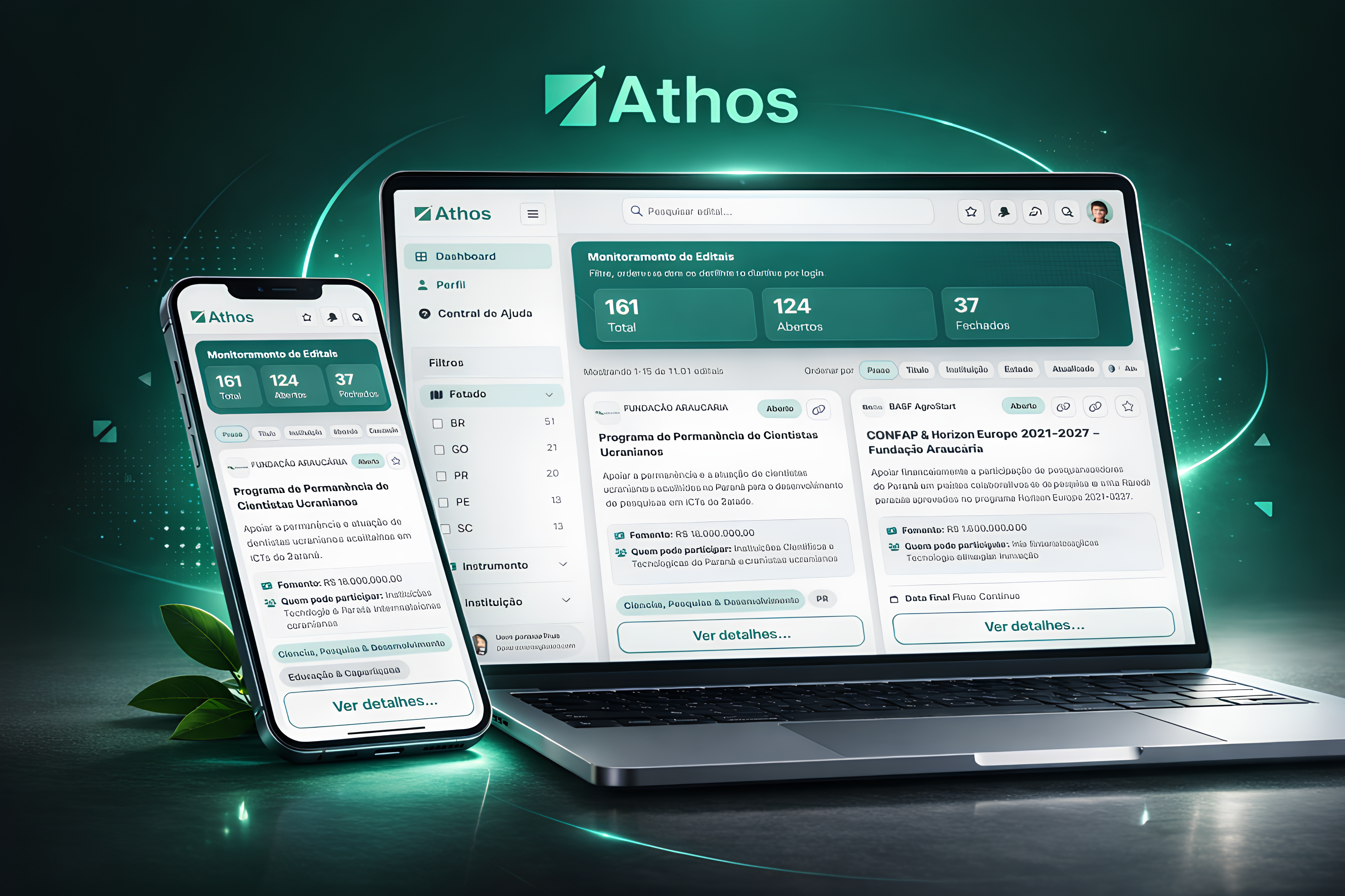 Interface do Athos em notebook e celular com painel de oportunidades